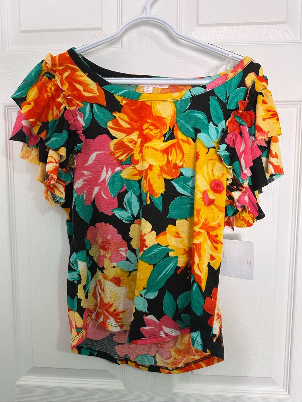 Floral Ruffle Sleeve Top with Yellow & Pink Flowers